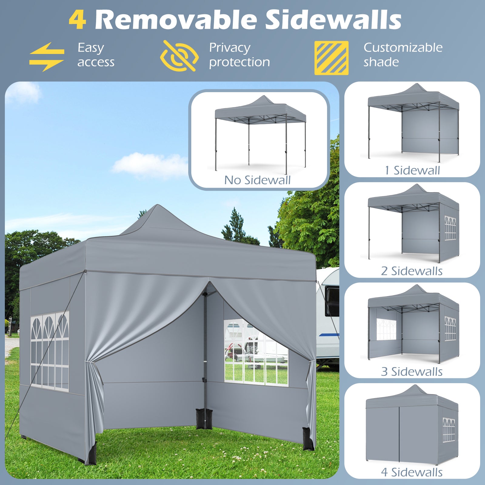 10 x 10 FT Pop Up Canopy Tent, 4 Removable Sidewalls, Wheeled Bag, Gray Canopies at Gallery Canada