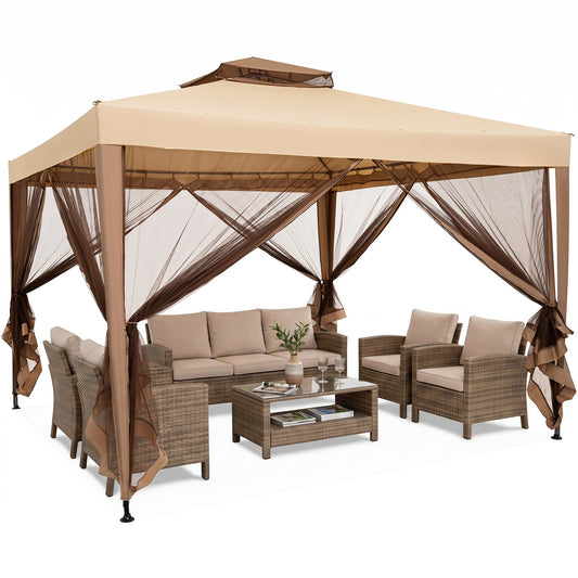 10x10 Ft Patio Canopy Gazebo with Netting, Yellow Gazebos Yellow at Gallery Canada