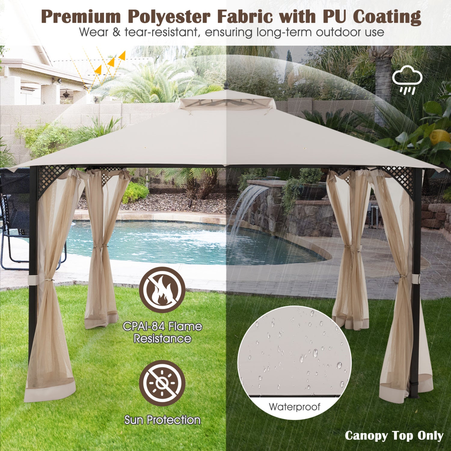 10 x 12 Feet Gazebo Replacement Top, Air Vent, Drainage Holes, Beige Gazebos at Gallery Canada