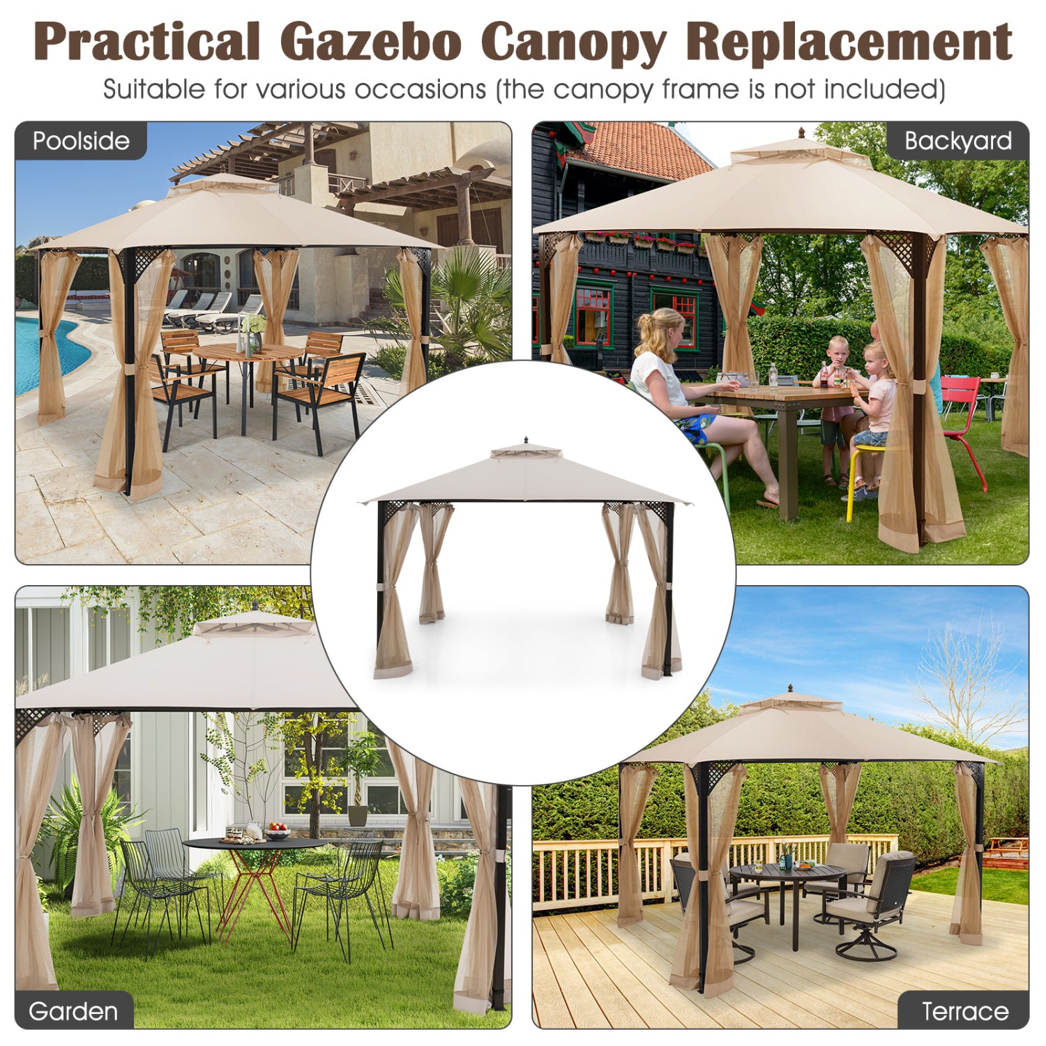 10 x 12 Feet Gazebo Replacement Top, Air Vent, Drainage Holes, Beige Gazebos at Gallery Canada