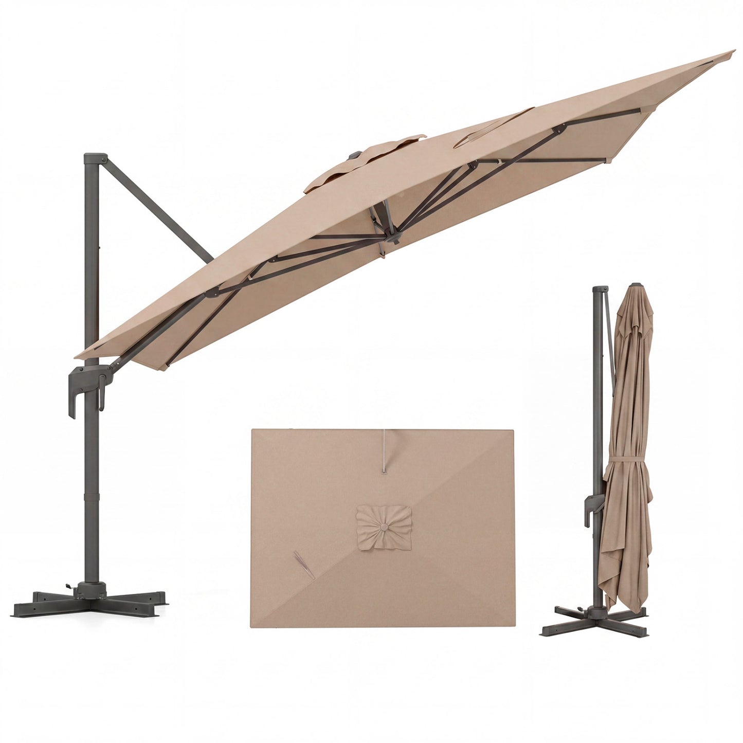 10x13 FT Cantilever Patio Umbrella, 360 Rotation, 5 Tilts, Brown