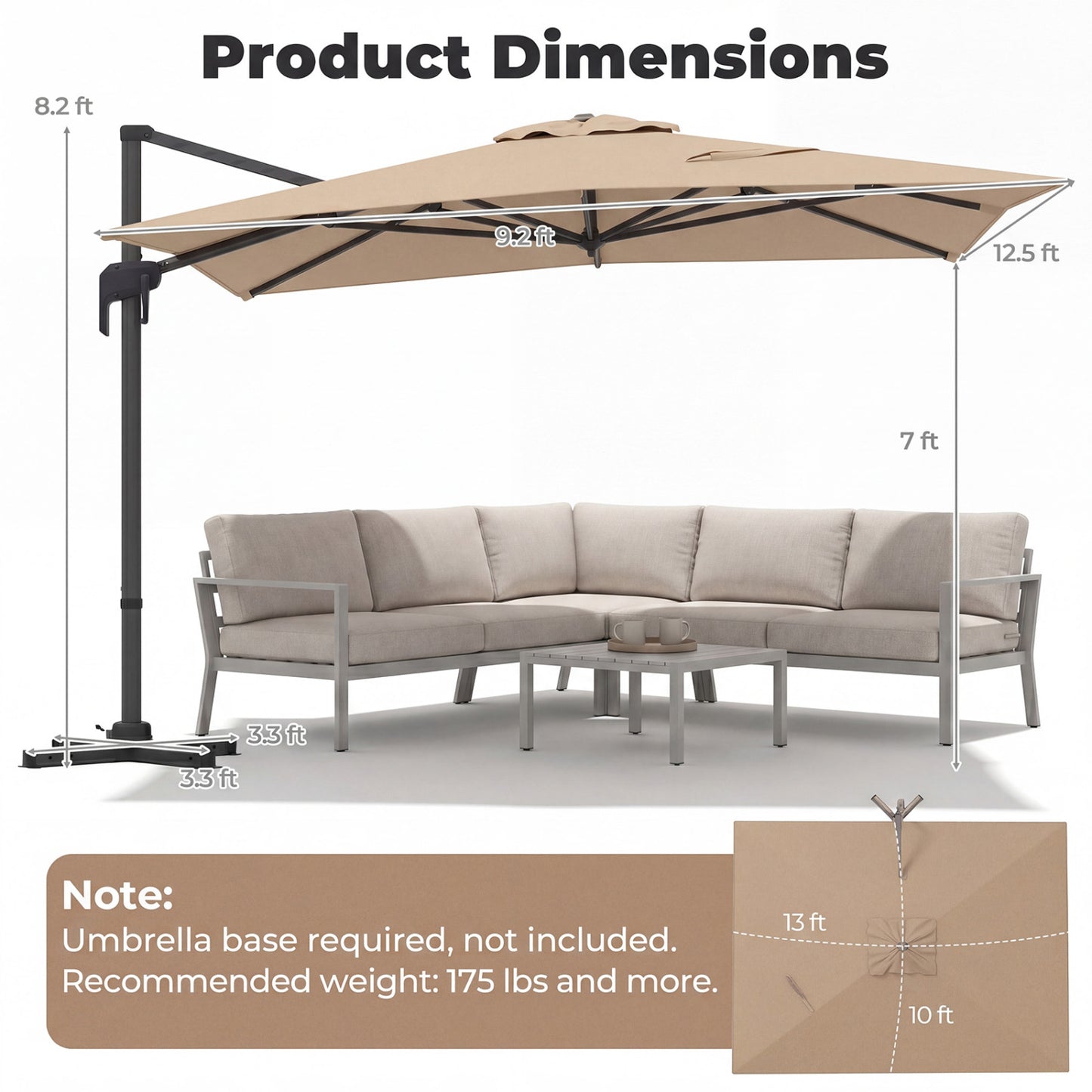 10x13 FT Cantilever Patio Umbrella, 360 Rotation, 5 Tilts, Brown