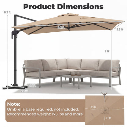10x13 FT Cantilever Patio Umbrella, 360 Rotation, 5 Tilts, Brown