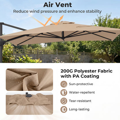 10x13 FT Cantilever Patio Umbrella, 360 Rotation, 5 Tilts, Brown