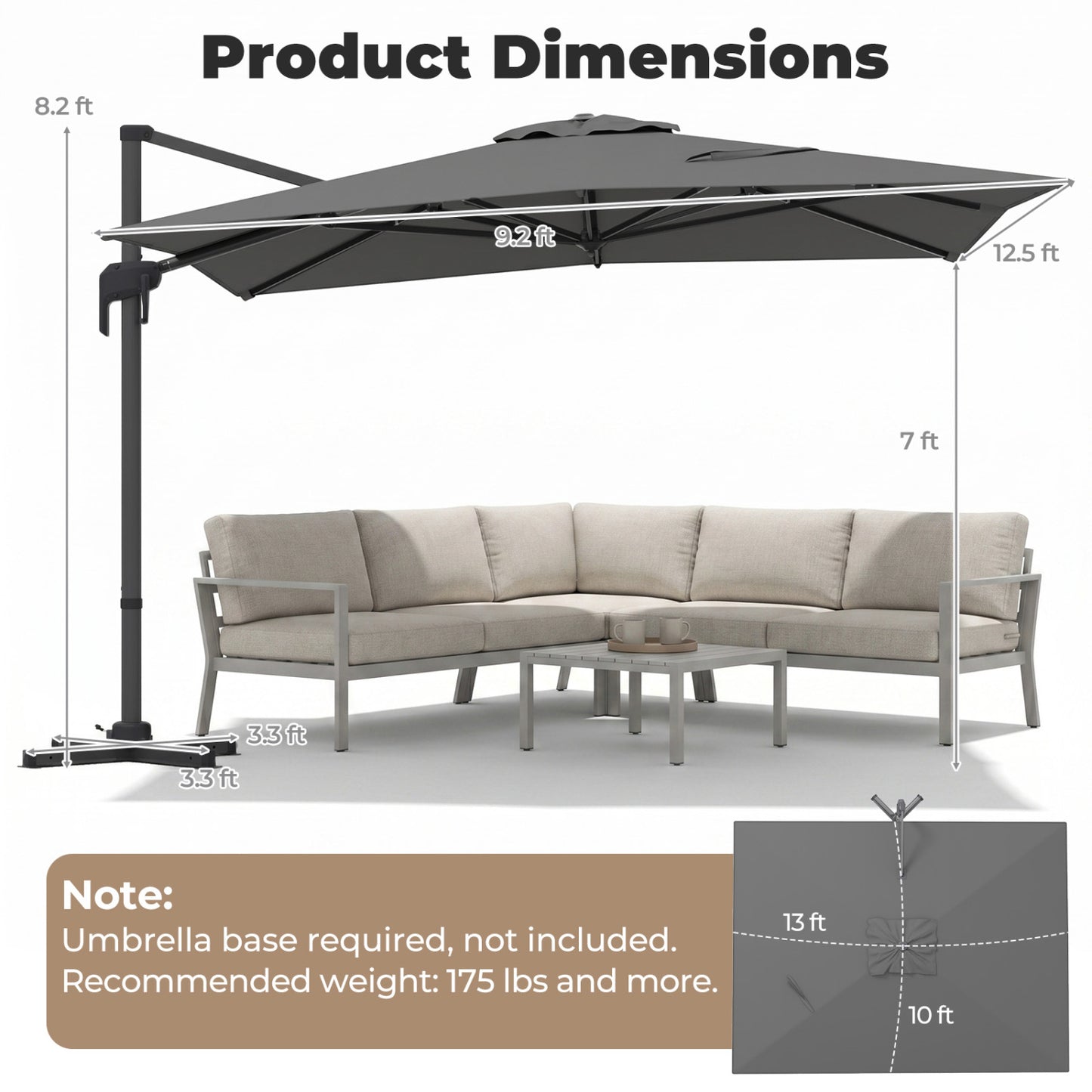 10x13 Ft Cantilever Patio Umbrella, Gray