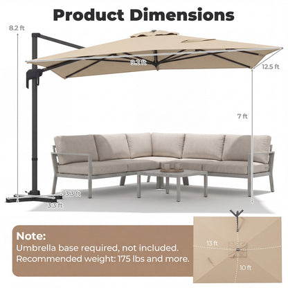 10 x 13 FT Cantilever Patio Umbrella, 360 Rotation, 5 Tilt, Beige