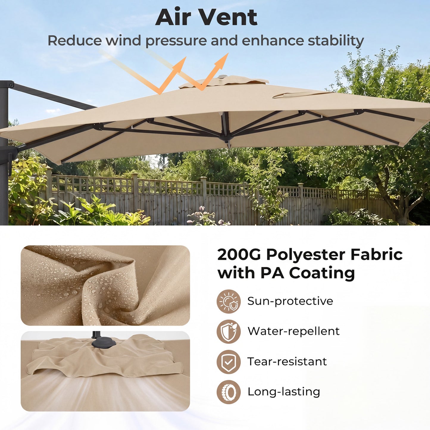 10 x 13 FT Cantilever Patio Umbrella, 360 Rotation, 5 Tilt, Beige