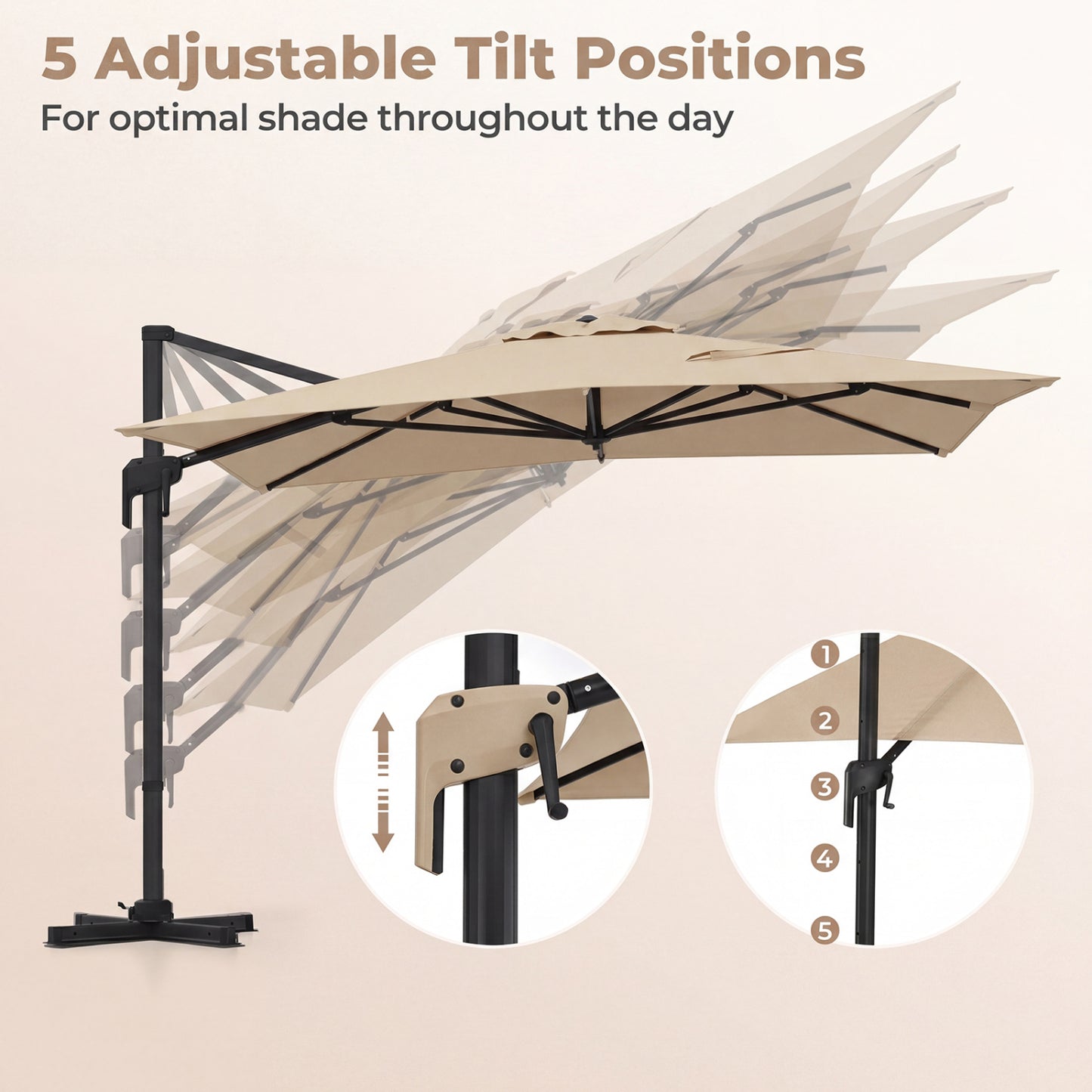 10 x 13 FT Cantilever Patio Umbrella, 360 Rotation, 5 Tilt, Beige