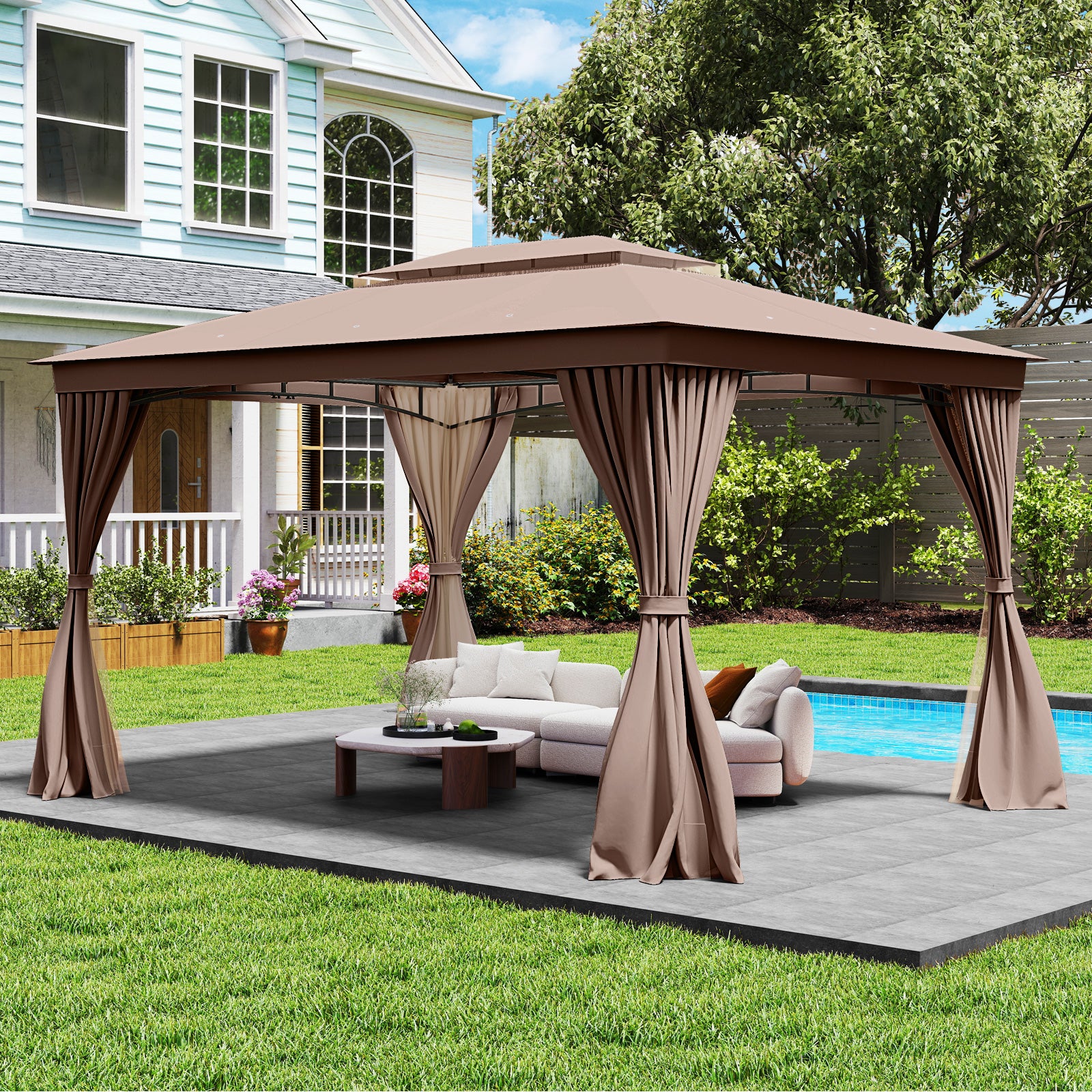 10 x 13 Feet Patio Gazebo Double-Roof with Mesh Netting and Privacy Curtains, Coffee Gazebos at Gallery Canada