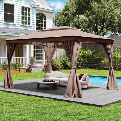 10 x 13 Feet Patio Gazebo Double-Roof with Mesh Netting and Privacy Curtains, Coffee Gazebos at Gallery Canada