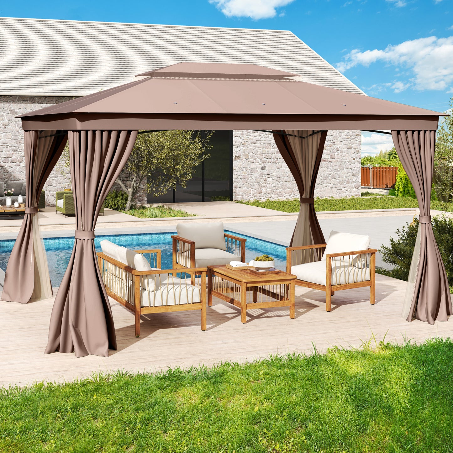 10 x 13 Feet Patio Gazebo Double-Roof with Mesh Netting and Privacy Curtains, Coffee Gazebos at Gallery Canada