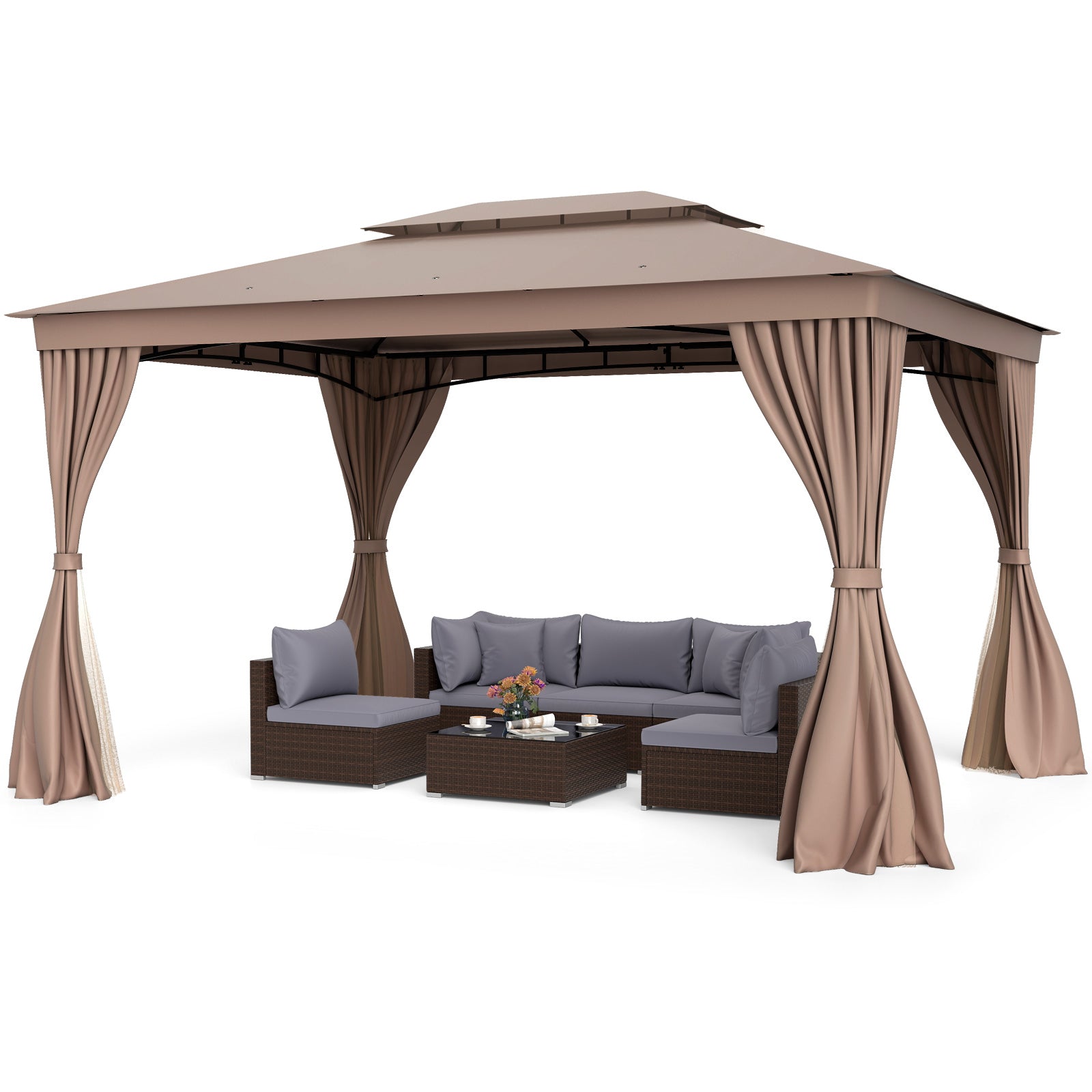 10 x 13 Feet Patio Gazebo Double-Roof with Mesh Netting and Privacy Curtains, Coffee Gazebos at Gallery Canada