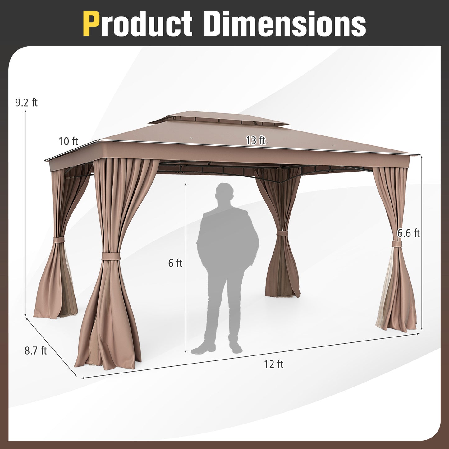 10 x 13 Feet Patio Gazebo Double-Roof with Mesh Netting and Privacy Curtains, Coffee Gazebos at Gallery Canada