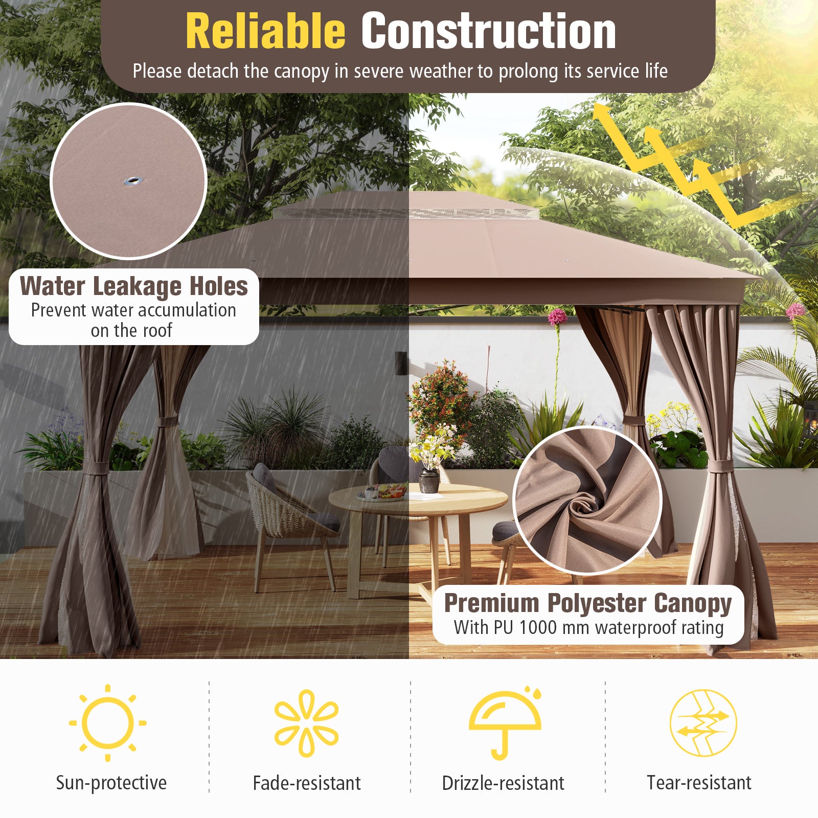10 x 13 Feet Patio Gazebo Double-Roof with Mesh Netting and Privacy Curtains, Coffee Gazebos at Gallery Canada