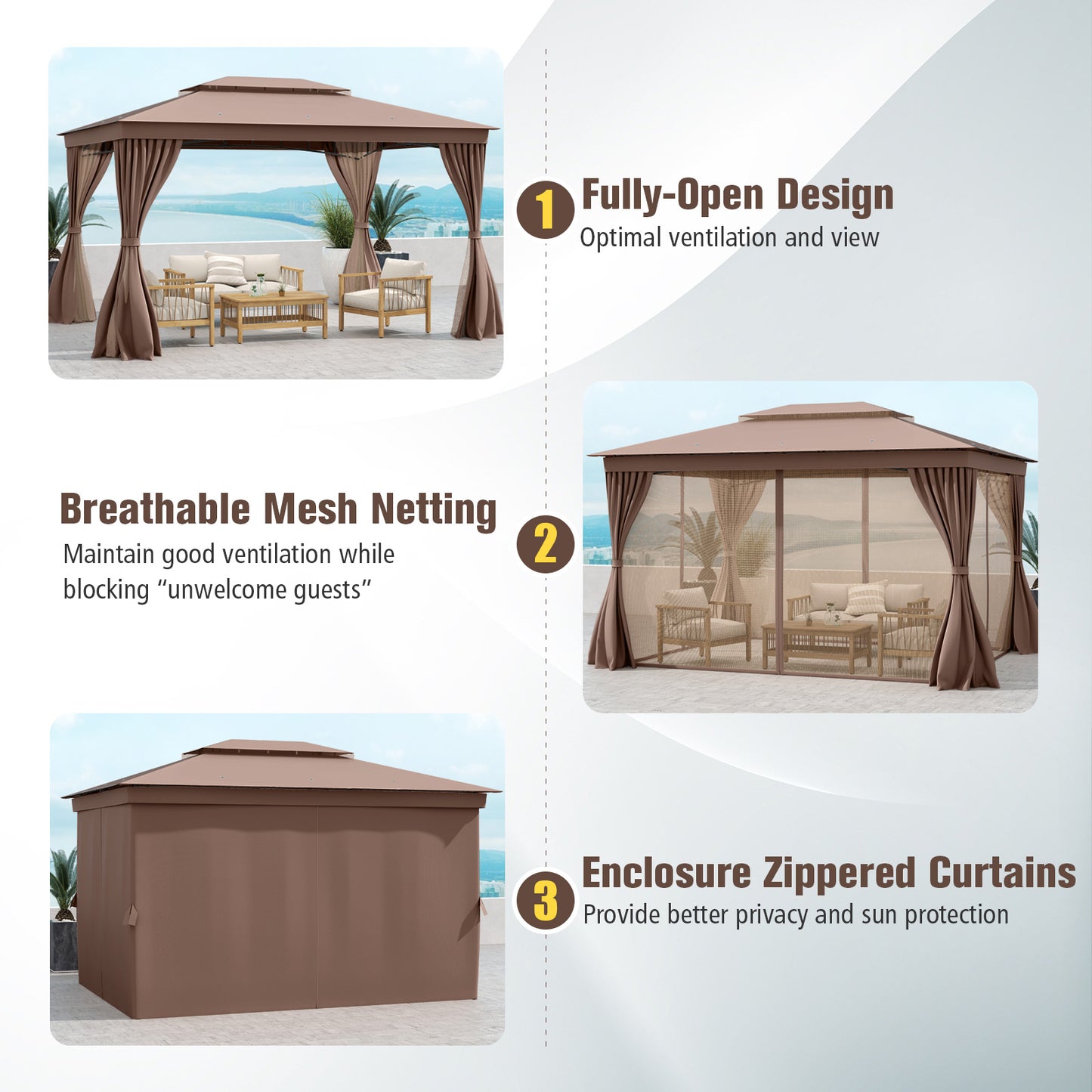 10 x 13 Feet Patio Gazebo Double-Roof with Mesh Netting and Privacy Curtains, Coffee Gazebos at Gallery Canada
