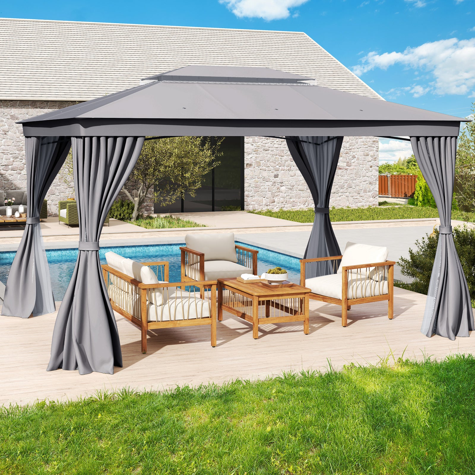10 x 13 Feet Gazebo, Double Roof, Mesh Netting, Privacy Curtains, Gray Gazebos at Gallery Canada
