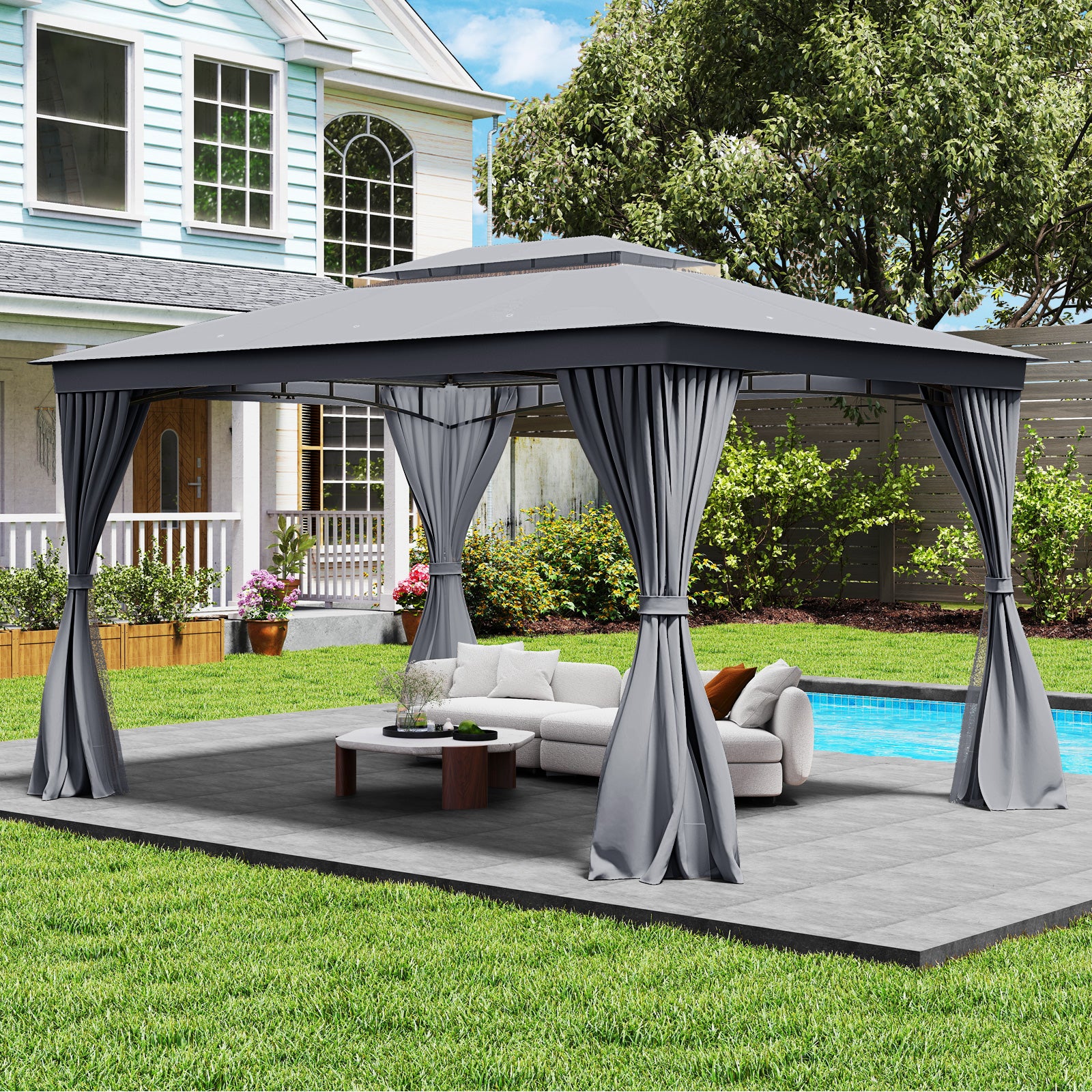 10 x 13 Feet Gazebo, Double Roof, Mesh Netting, Privacy Curtains, Gray Gazebos at Gallery Canada