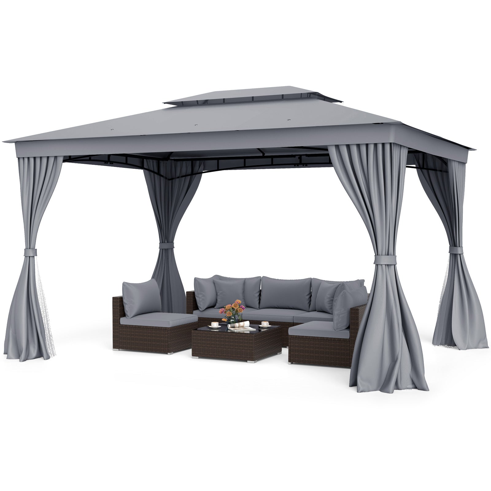 10 x 13 Feet Gazebo, Double Roof, Mesh Netting, Privacy Curtains, Gray Gazebos at Gallery Canada