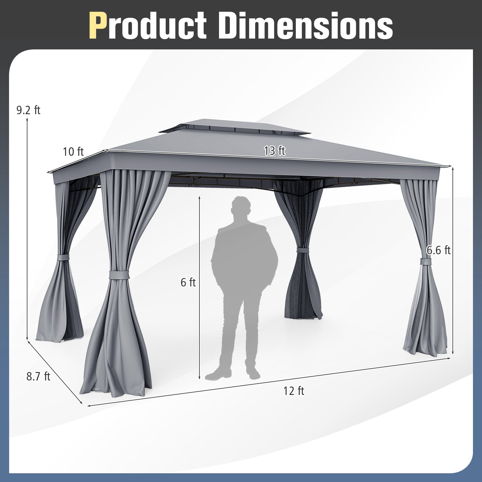 10 x 13 Feet Gazebo, Double Roof, Mesh Netting, Privacy Curtains, Gray Gazebos at Gallery Canada