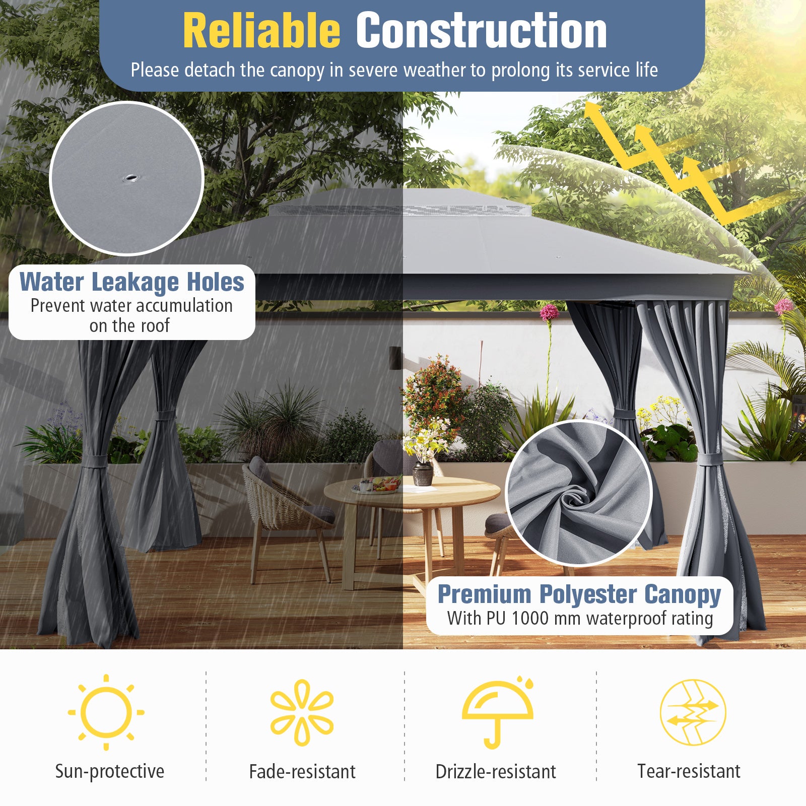 10 x 13 Feet Gazebo, Double Roof, Mesh Netting, Privacy Curtains, Gray Gazebos at Gallery Canada