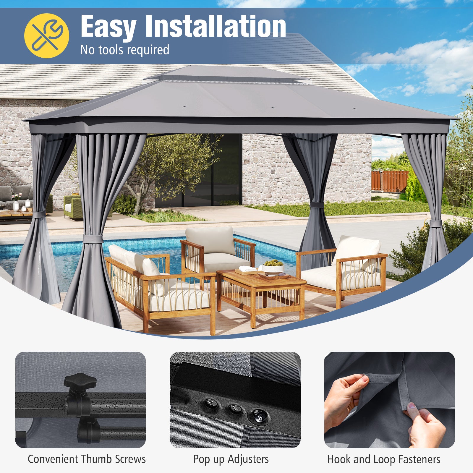 10 x 13 Feet Gazebo, Double Roof, Mesh Netting, Privacy Curtains, Gray Gazebos at Gallery Canada