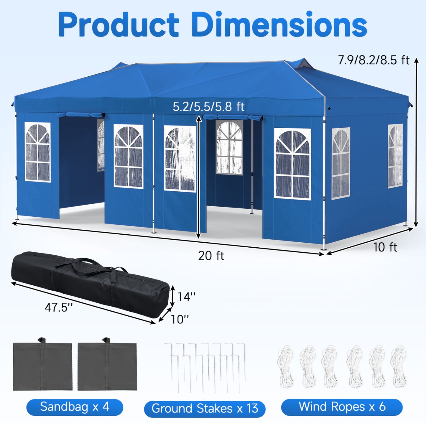 10x20 FT Pop Up Canopy Tent with 6 Sidewalls, Blue