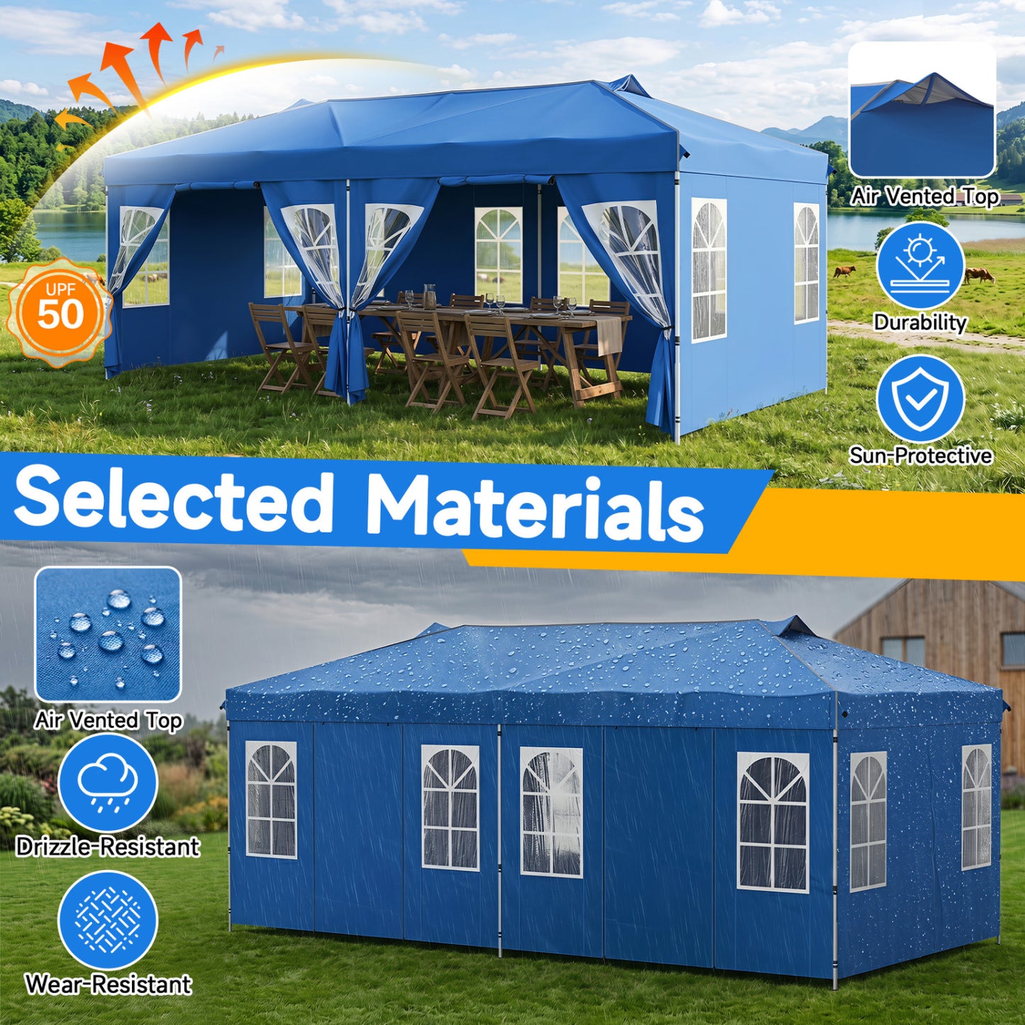 10x20 FT Pop Up Canopy Tent with 6 Sidewalls, Blue