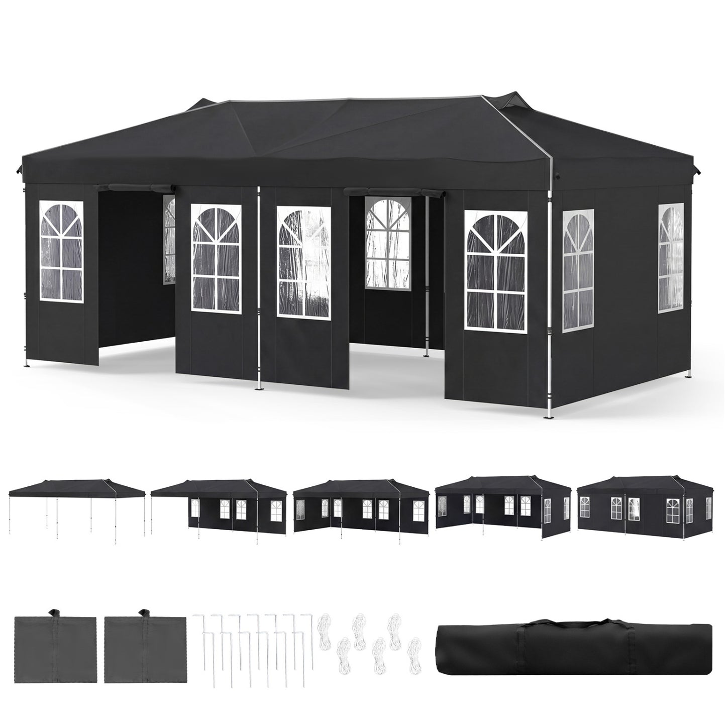 10x20 Ft Pop Up Canopy Tent with 6 Sidewalls, Black