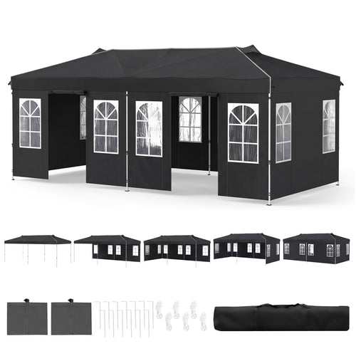 10x20 Ft Pop Up Canopy Tent with 6 Sidewalls, Black