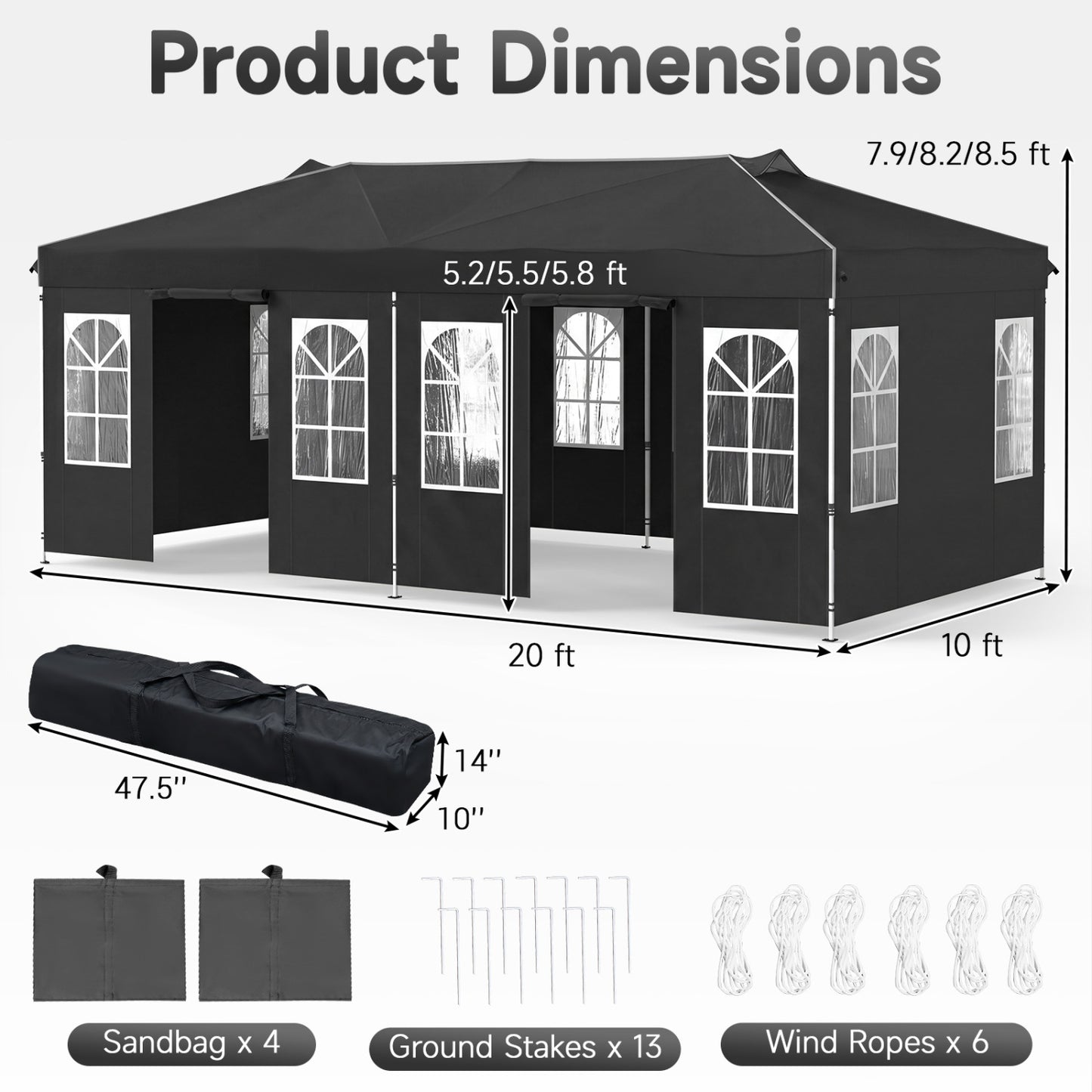 10x20 Ft Pop Up Canopy Tent with 6 Sidewalls, Black