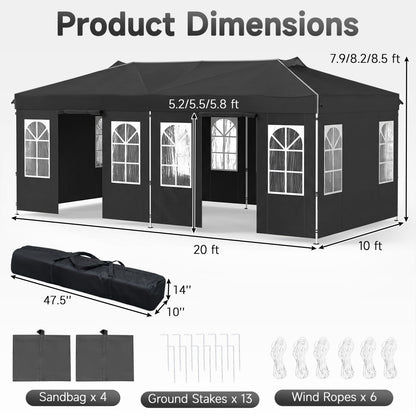 10x20 Ft Pop Up Canopy Tent with 6 Sidewalls, Black
