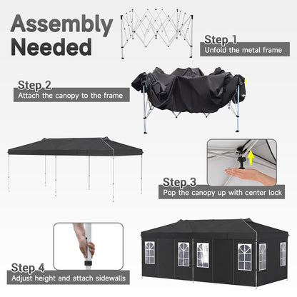 10x20 Ft Pop Up Canopy Tent with 6 Sidewalls, Black