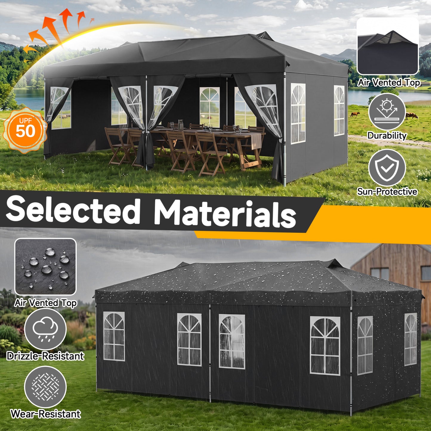 10x20 Ft Pop Up Canopy Tent with 6 Sidewalls, Black