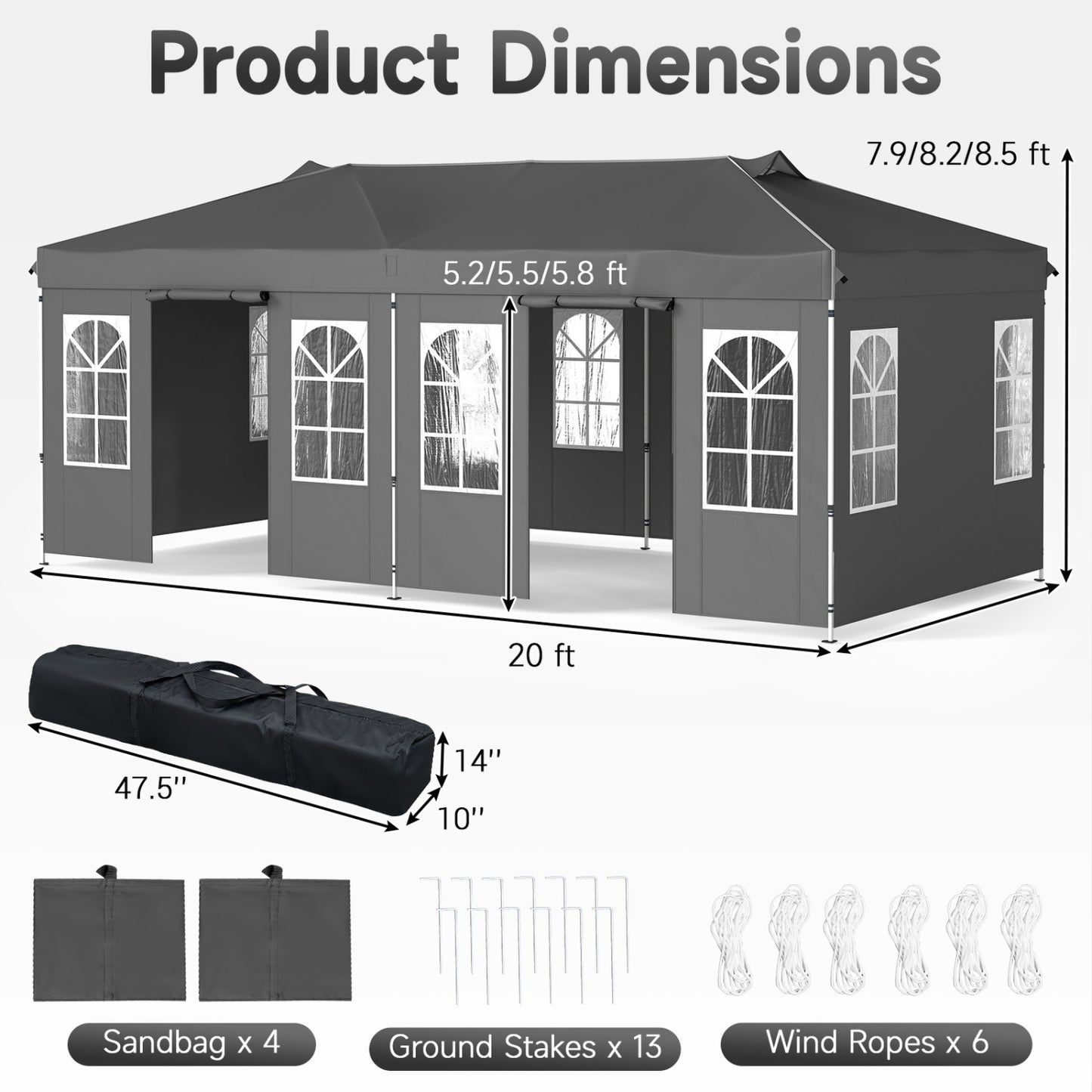 10 x 20 FT Pop Up Canopy Tent With 6 Sidewalls, Gray