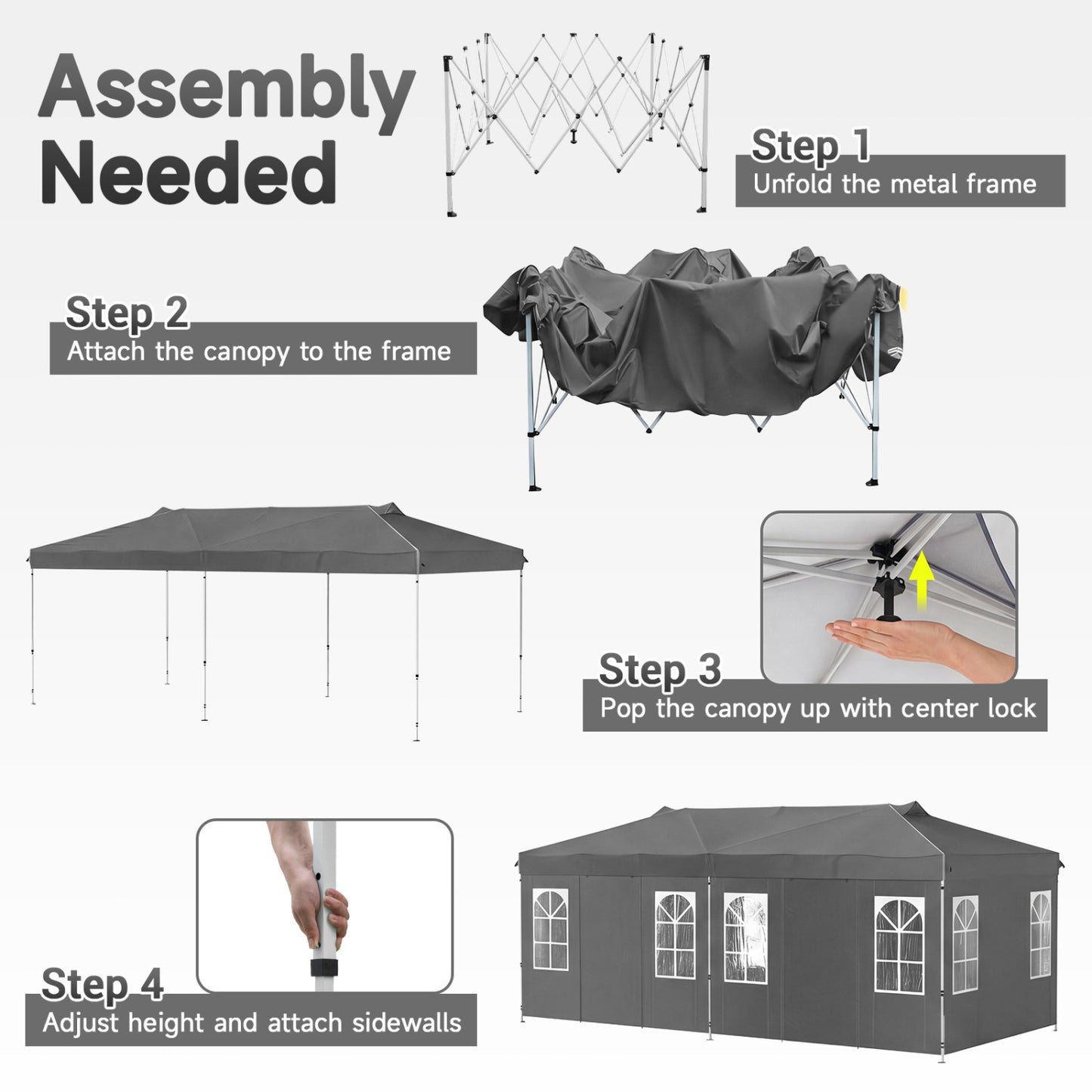 10 x 20 FT Pop Up Canopy Tent With 6 Sidewalls, Gray