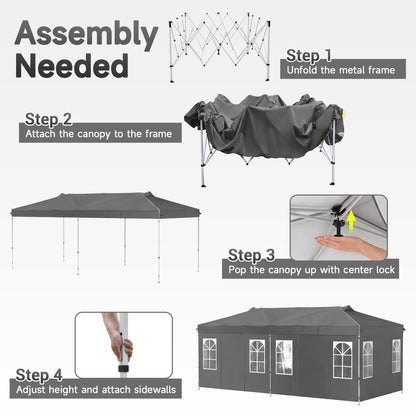 10 x 20 FT Pop Up Canopy Tent With 6 Sidewalls, Gray