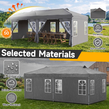 10 x 20 FT Pop Up Canopy Tent With 6 Sidewalls, Gray