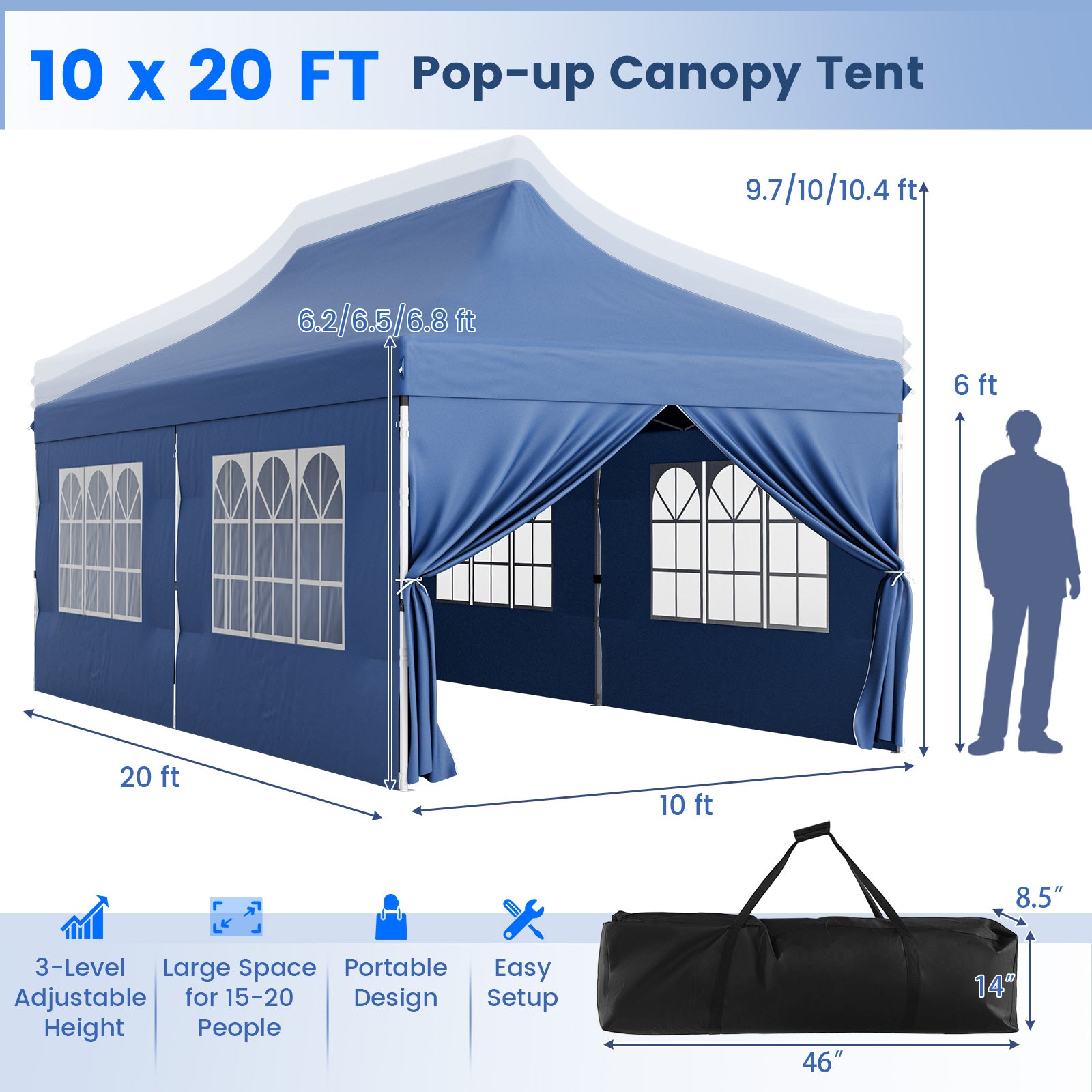 10 x 20 FT Pop Up Canopy With 6 Sidewalls, Windows, Carrying Bag, Blue Canopies at Gallery Canada