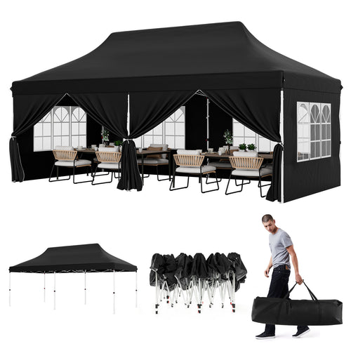 10 x 20 FT Pop Up Canopy, 6 Sidewalls With Windows, Carrying Bag, Black