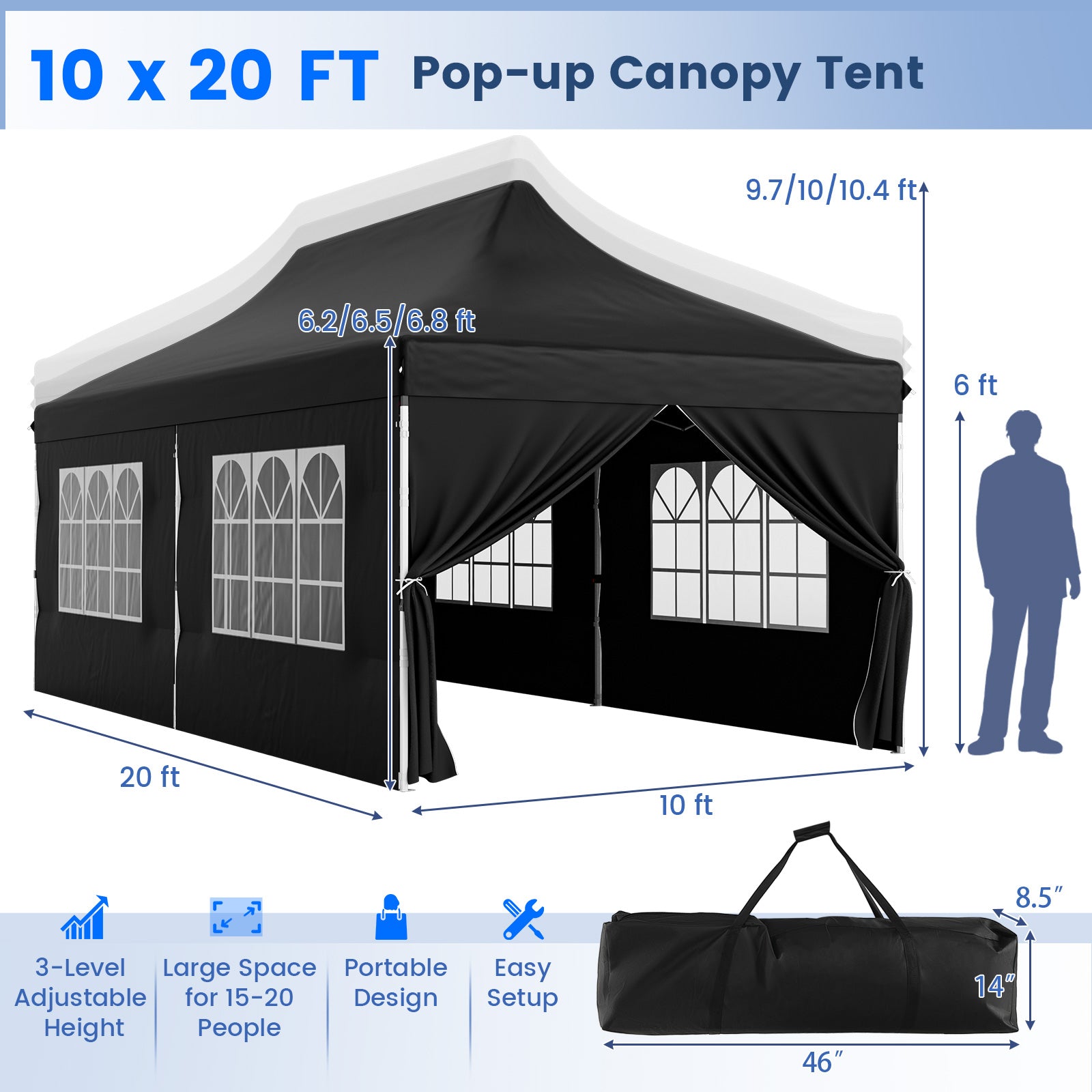 10 x 20 FT Pop Up Canopy, 6 Sidewalls With Windows, Carrying Bag, Black Canopies at Gallery Canada
