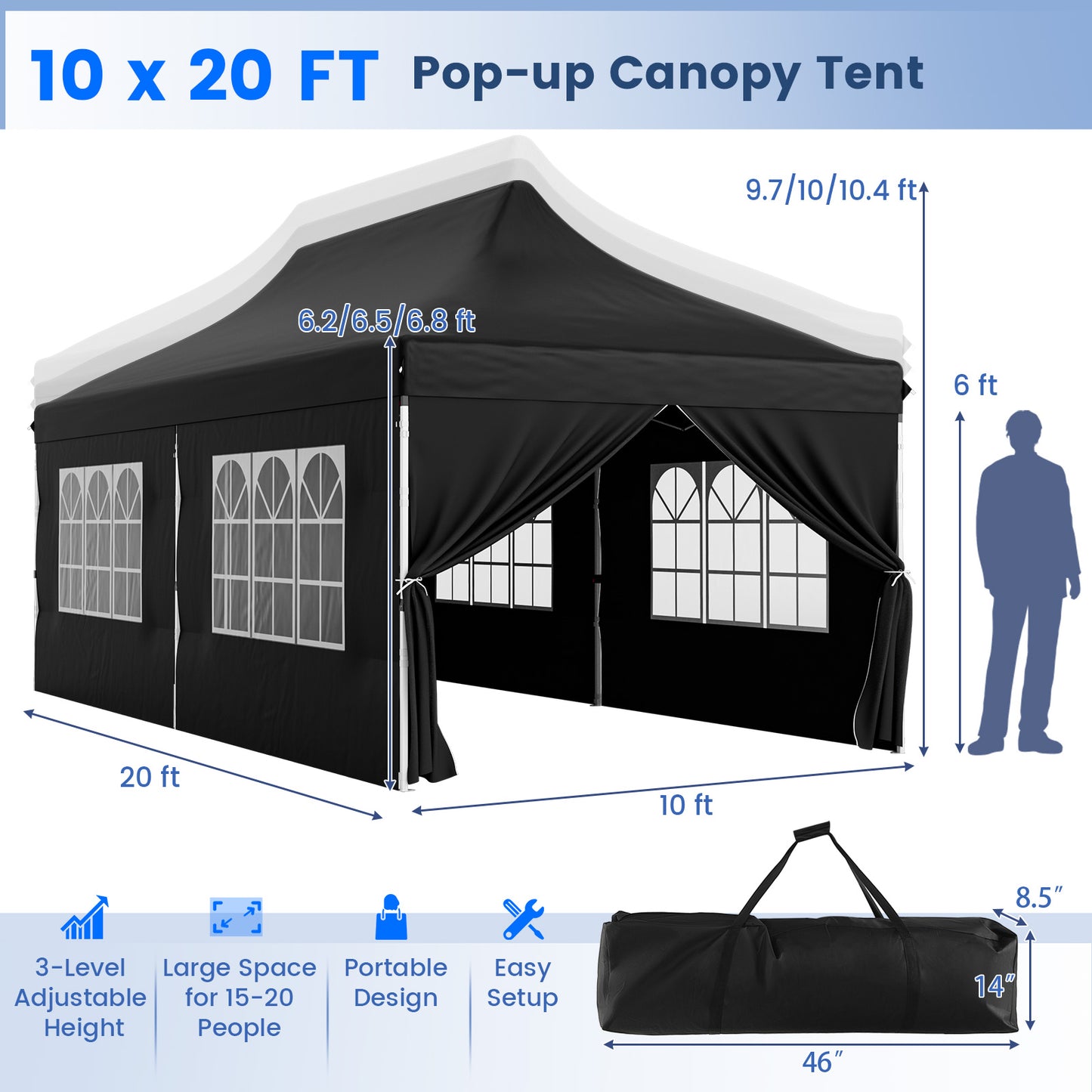 10 x 20 FT Pop Up Canopy, 6 Sidewalls With Windows, Carrying Bag, Black Canopies at Gallery Canada