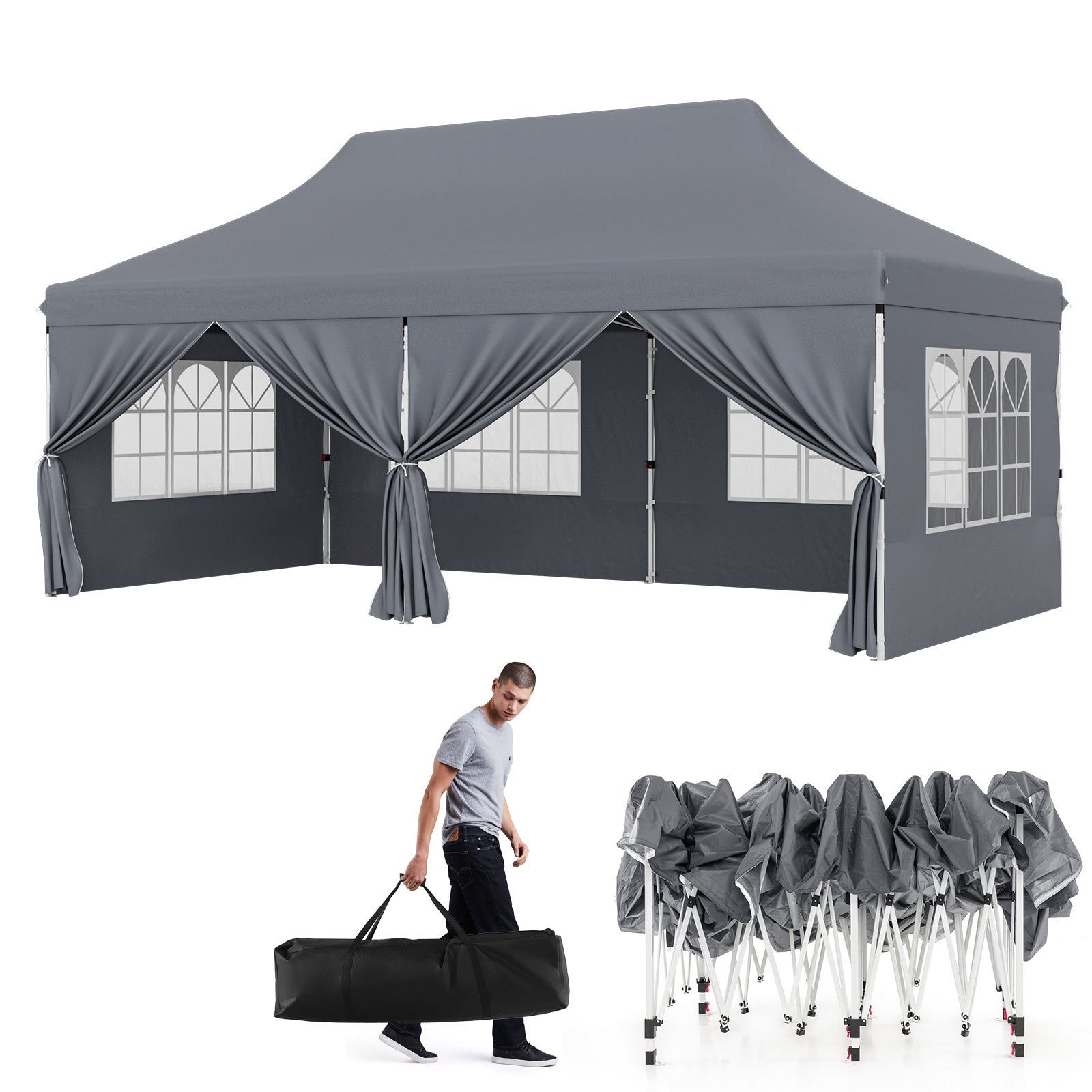 10 x 20 FT Pop Up Canopy, 6 Sidewalls With Windows, Carrying Bag, Gray Canopies at Gallery Canada