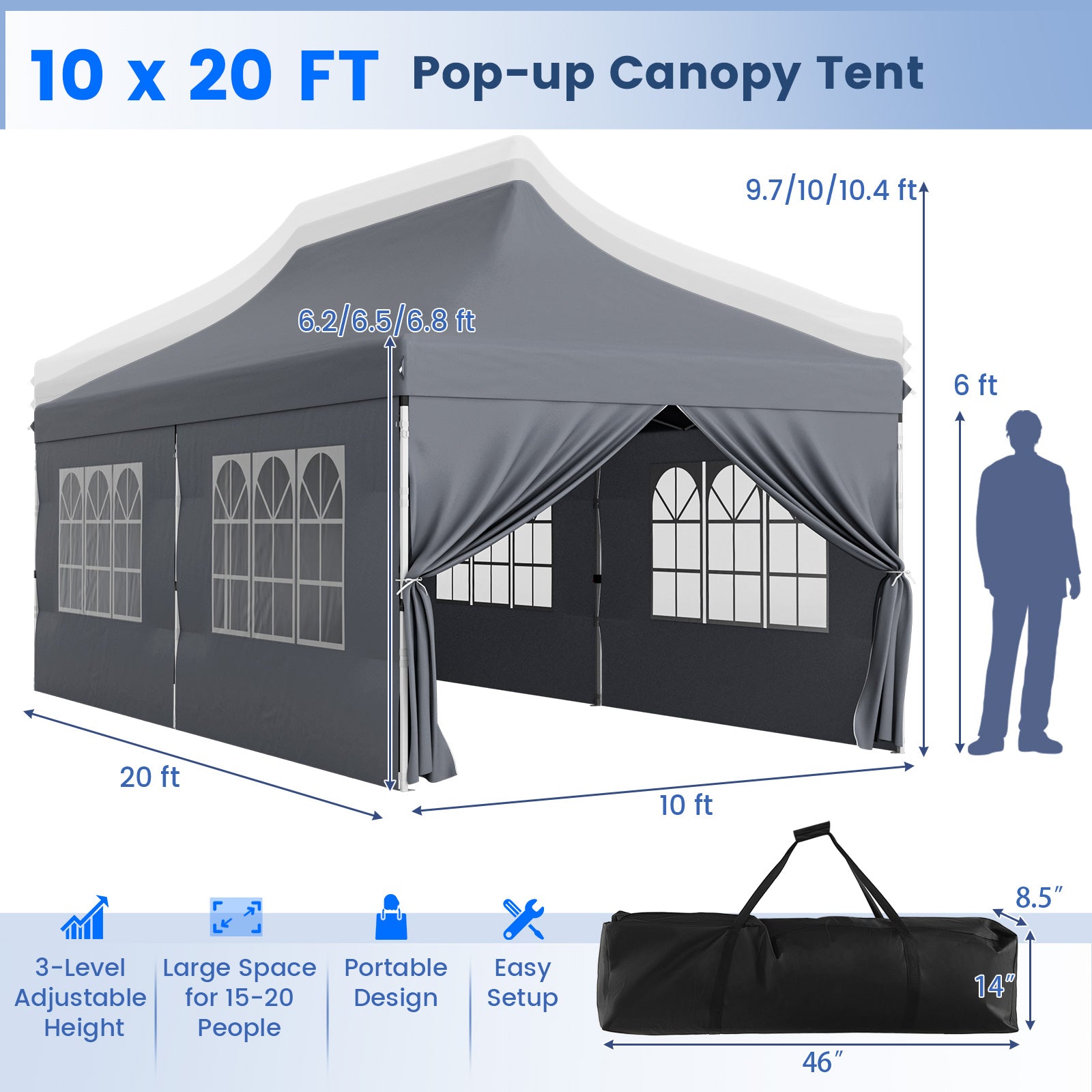 10 x 20 FT Pop Up Canopy, 6 Sidewalls With Windows, Carrying Bag, Gray Canopies at Gallery Canada