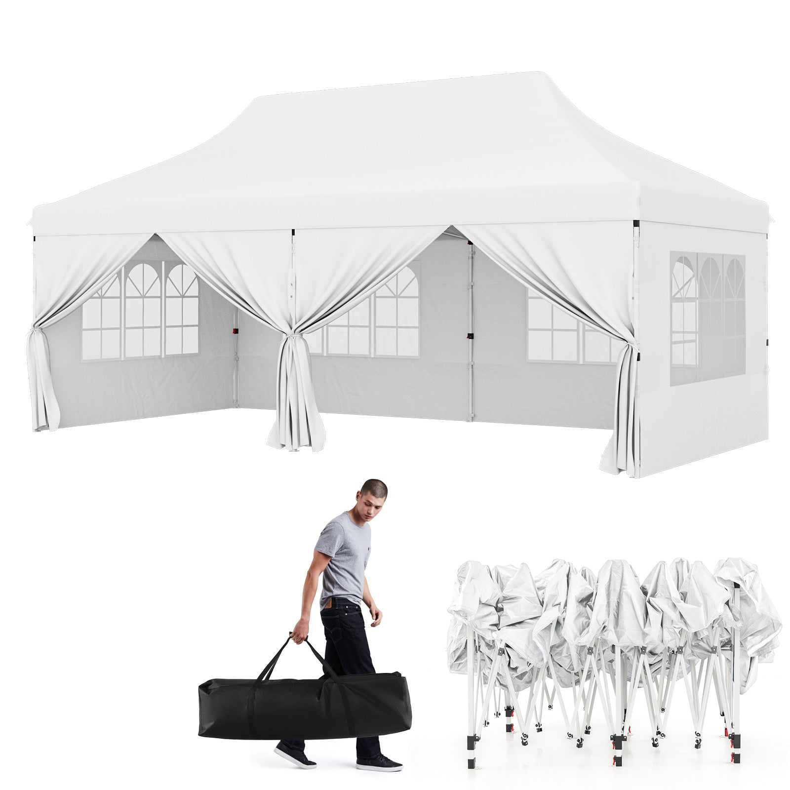 10x20 FT Pop Up Canopy With 6 Sidewalls, Windows, Carrying Bag, White Canopies at Gallery Canada