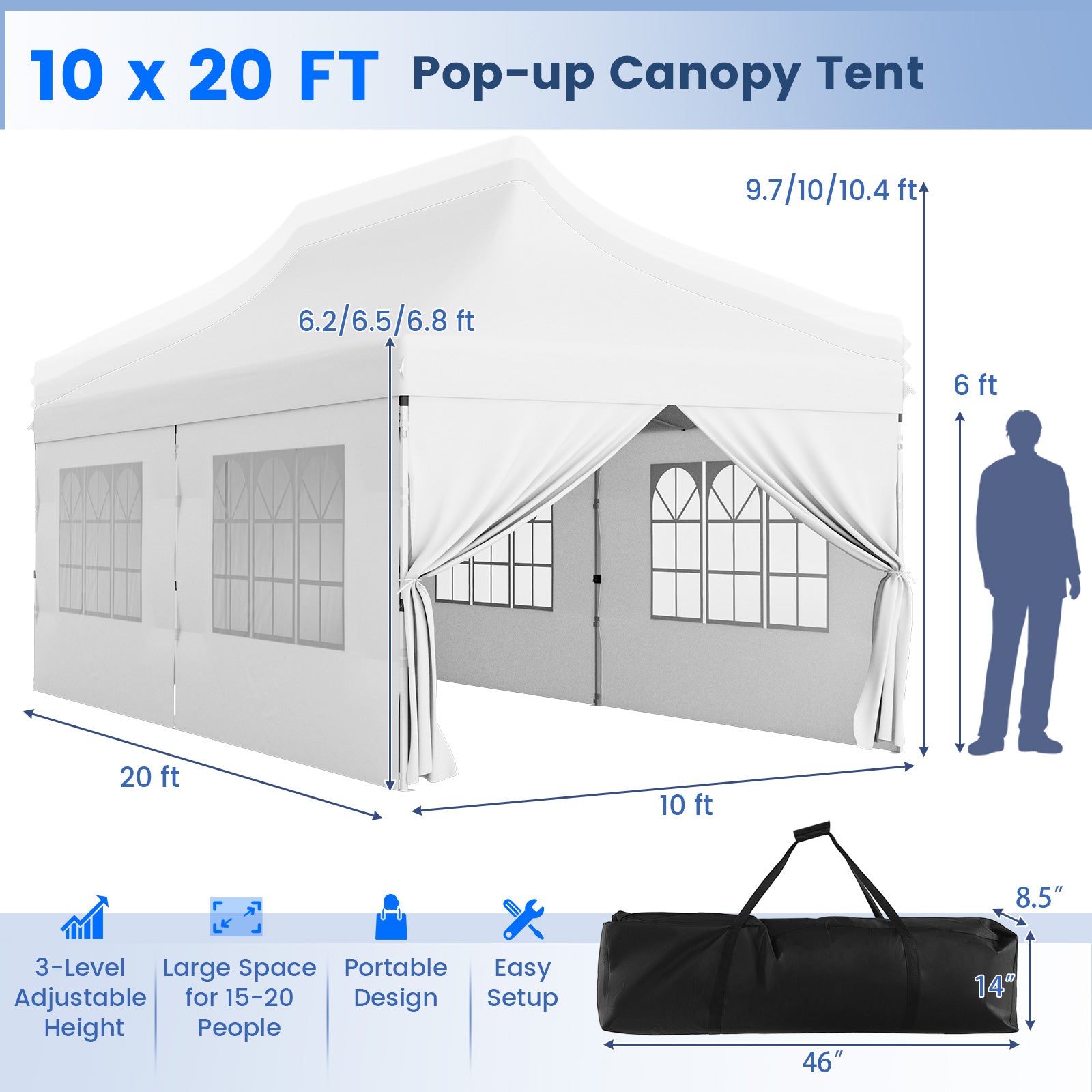 10x20 FT Pop Up Canopy With 6 Sidewalls, Windows, Carrying Bag, White Canopies at Gallery Canada