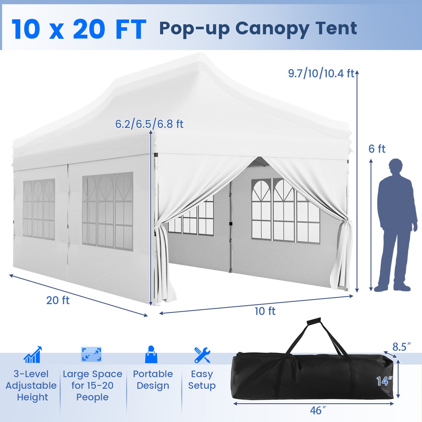 10x20 FT Pop Up Canopy With 6 Sidewalls, Windows, Carrying Bag, White Canopies at Gallery Canada
