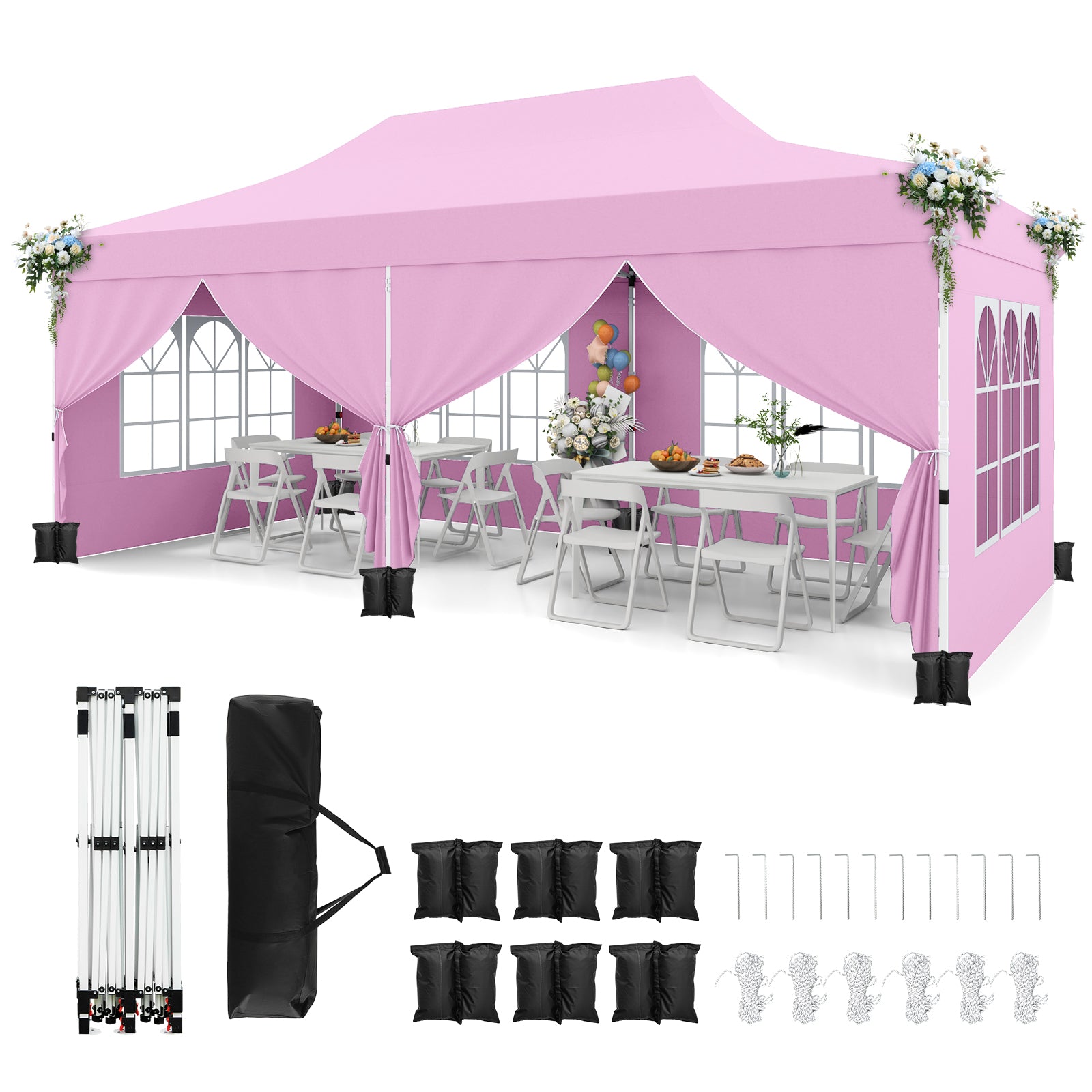 10 x 20 Feet Pop Up Canopy, 6 Sidewalls Windows, Carrying Bag, Pink Canopies Pink at Gallery Canada