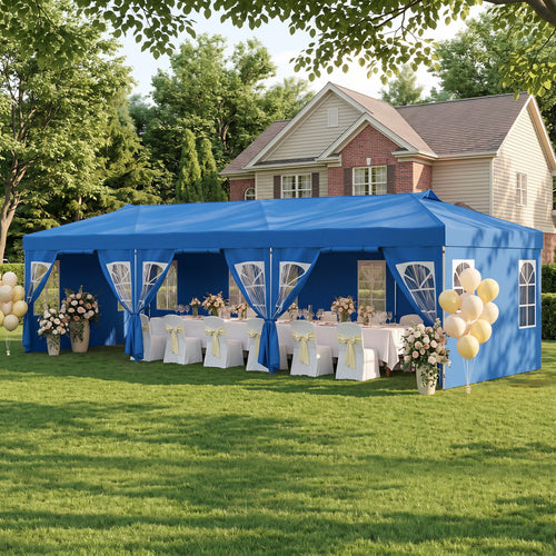 10 X 30 FT Pop Up Canopy Tent With 8 Sidewalls, Adjustable Height, Blue