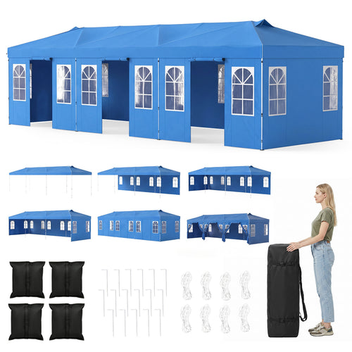 10 X 30 FT Pop Up Canopy Tent With 8 Sidewalls, Adjustable Height, Blue