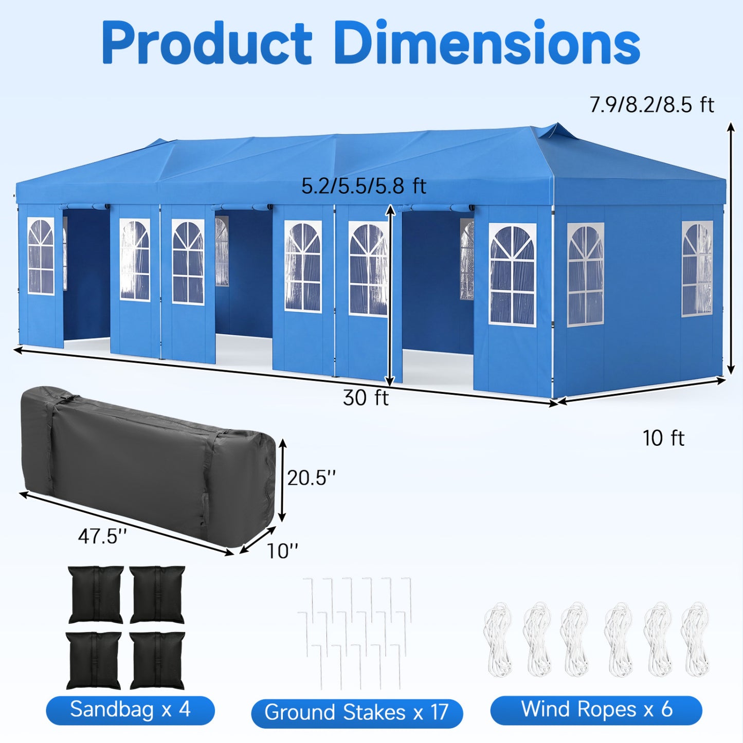 10 X 30 FT Pop Up Canopy Tent With 8 Sidewalls, Adjustable Height, Blue